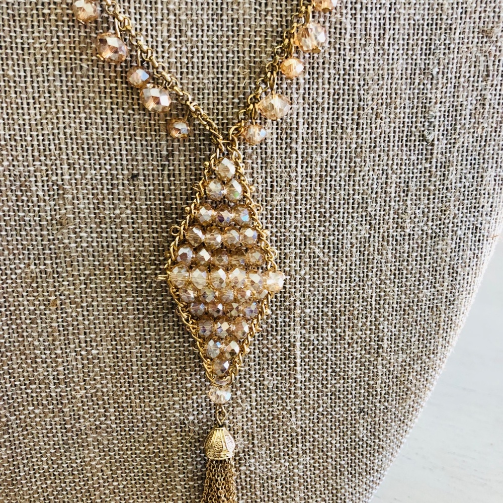 Turkoyz Long Gold Beaded Tassel Necklace NWT